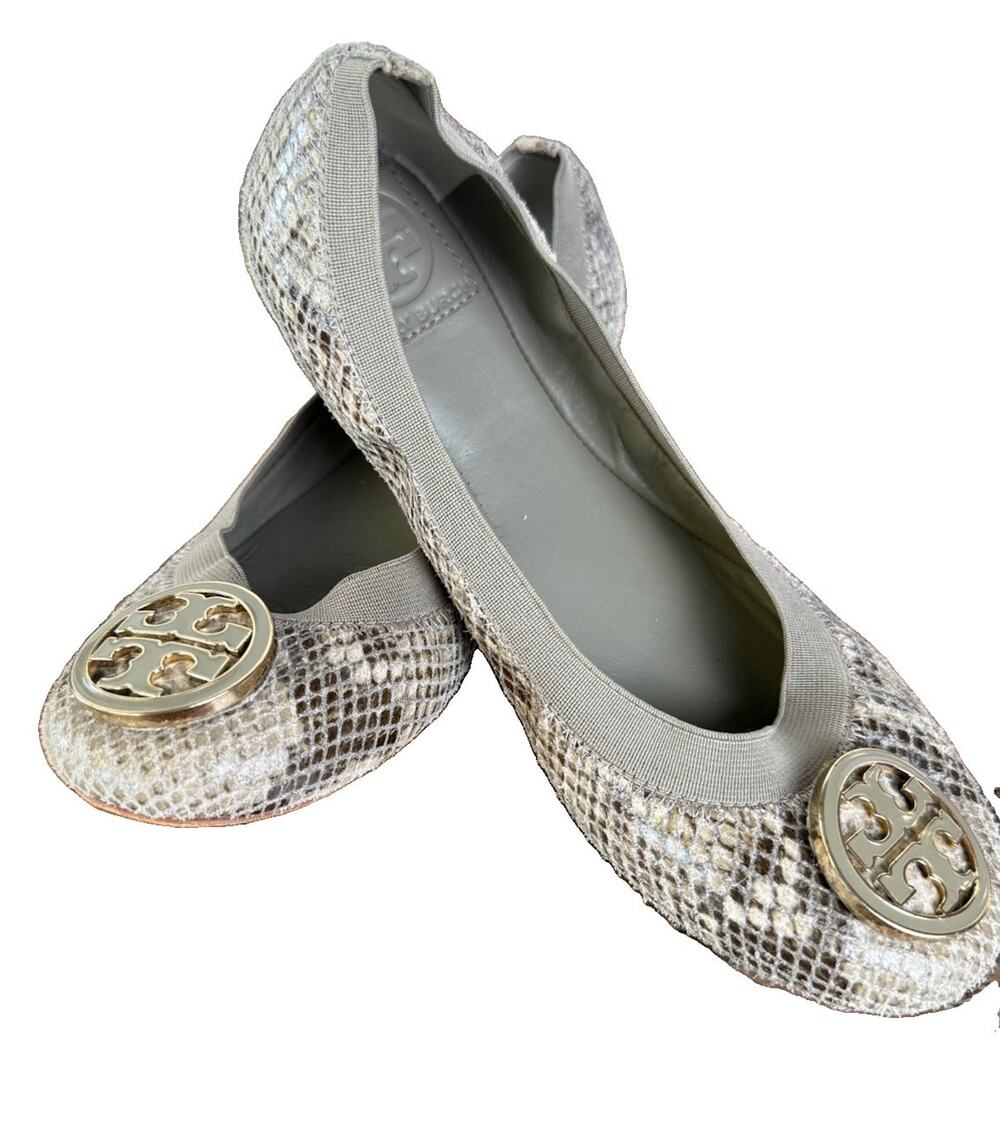 Tory Burch Reva Ballet Flats Haircalf Snakeskin Print Leather Shoes 7.5M Gold - Picture 2 of 16